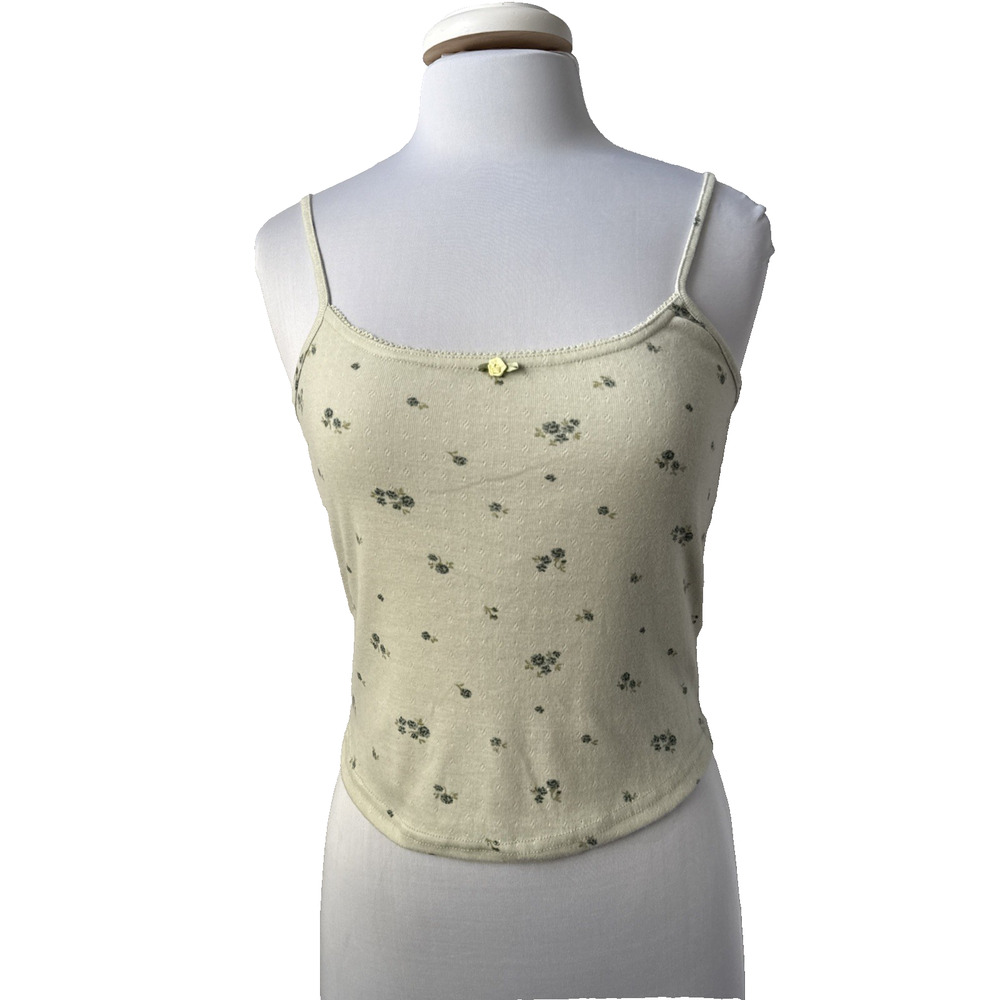 Hesperus Women's L Y2K Sexy Pointelle Green Floral Crop Cami Top Boho Fairy